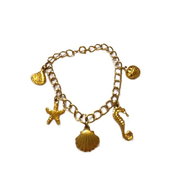 Vintage Gold Beach Theme Charm Bracelet, SeaShell, Seahorse - Picture 9 of 9